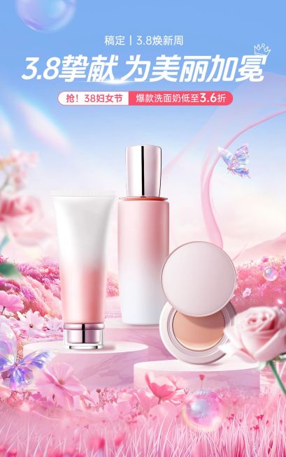 三八妇女节女王节电商美妆产品营销唯美促销竖版电商海报AIGC预览效果