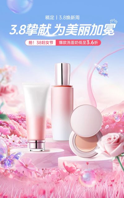 三八妇女节女王节电商美妆产品营销唯美促销竖版电商海报AIGC