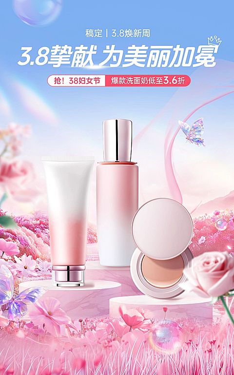 三八妇女节女王节电商美妆产品营销唯美促销竖版电商海报AIGC