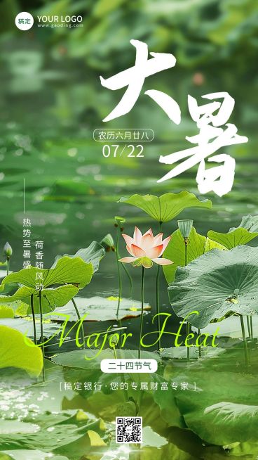 大暑金融保险节气祝福清新实景风手机海报预览效果