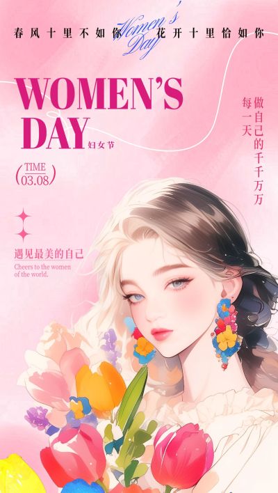 三八妇女节节日祝福优雅感全屏竖版海报AIGC