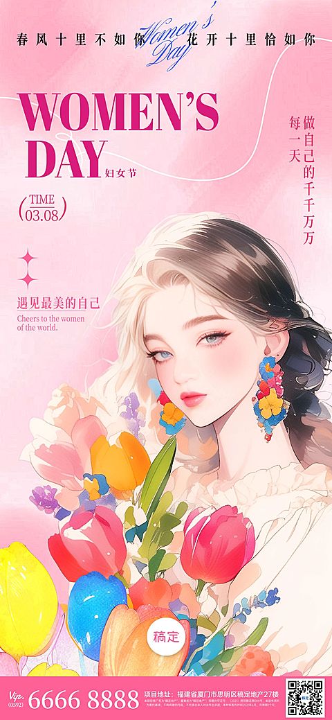 三八妇女节节日祝福优雅感全屏竖版海报AIGC