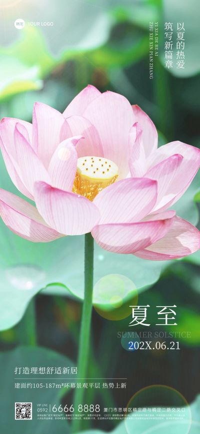 夏至房地产销售中介节气祝福问候实景风全屏竖版海报