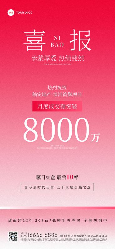 喜报地产红色扁平简约全屏海报预览效果