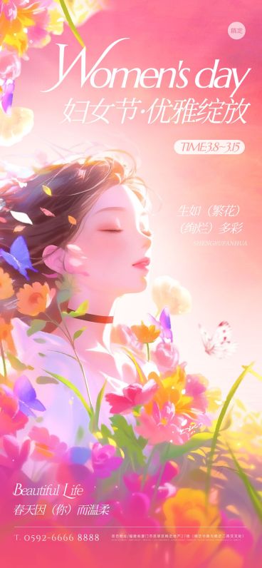 38妇女节唯美感插画女性海报AIGC预览效果
