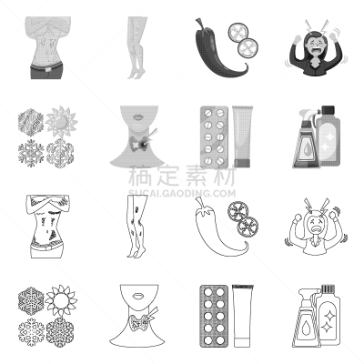 健康保健,图标集,痛苦,热,皮肤病学,雪,女人,瓶子,商品,发狂的