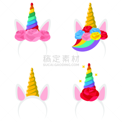 玫瑰,卡通,有角的,彩虹,独角兽,矢量,图标集,束发带,发夹子,分离着色