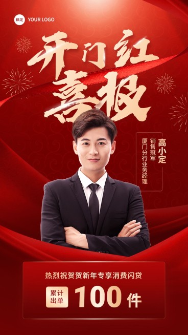 金融银行开门红销售业绩表彰人物喜报贺报喜庆手机海报预览效果