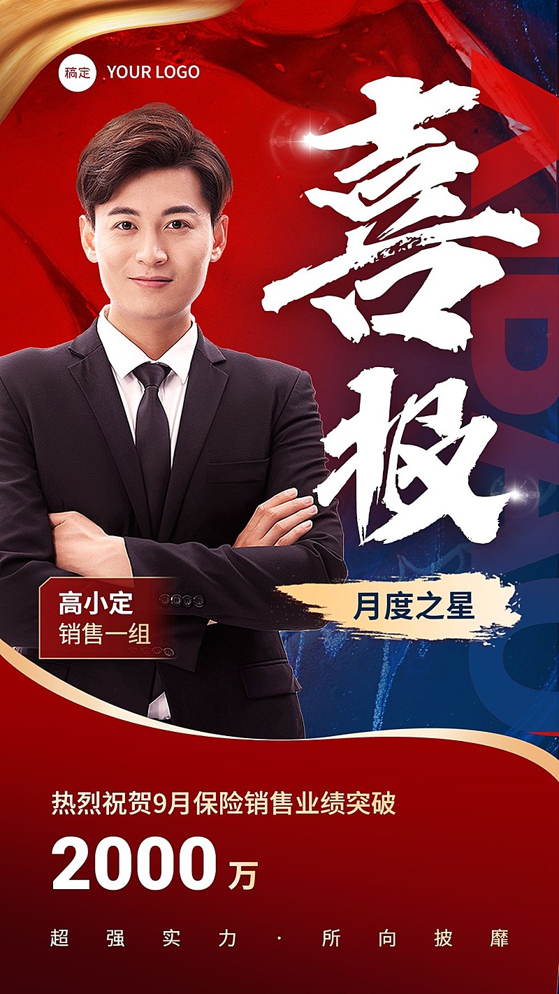 金融保险销售业绩表彰喜报人物手机海报