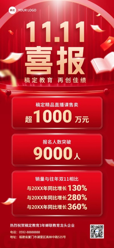 双十一教育培训机构业绩喜报红金风格全屏竖版海报