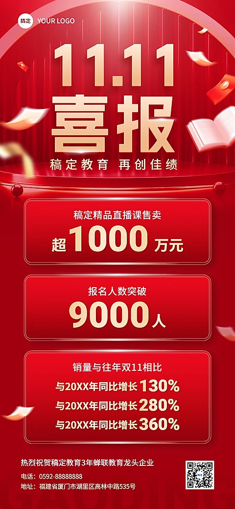 双十一教育培训机构业绩喜报红金风格全屏竖版海报