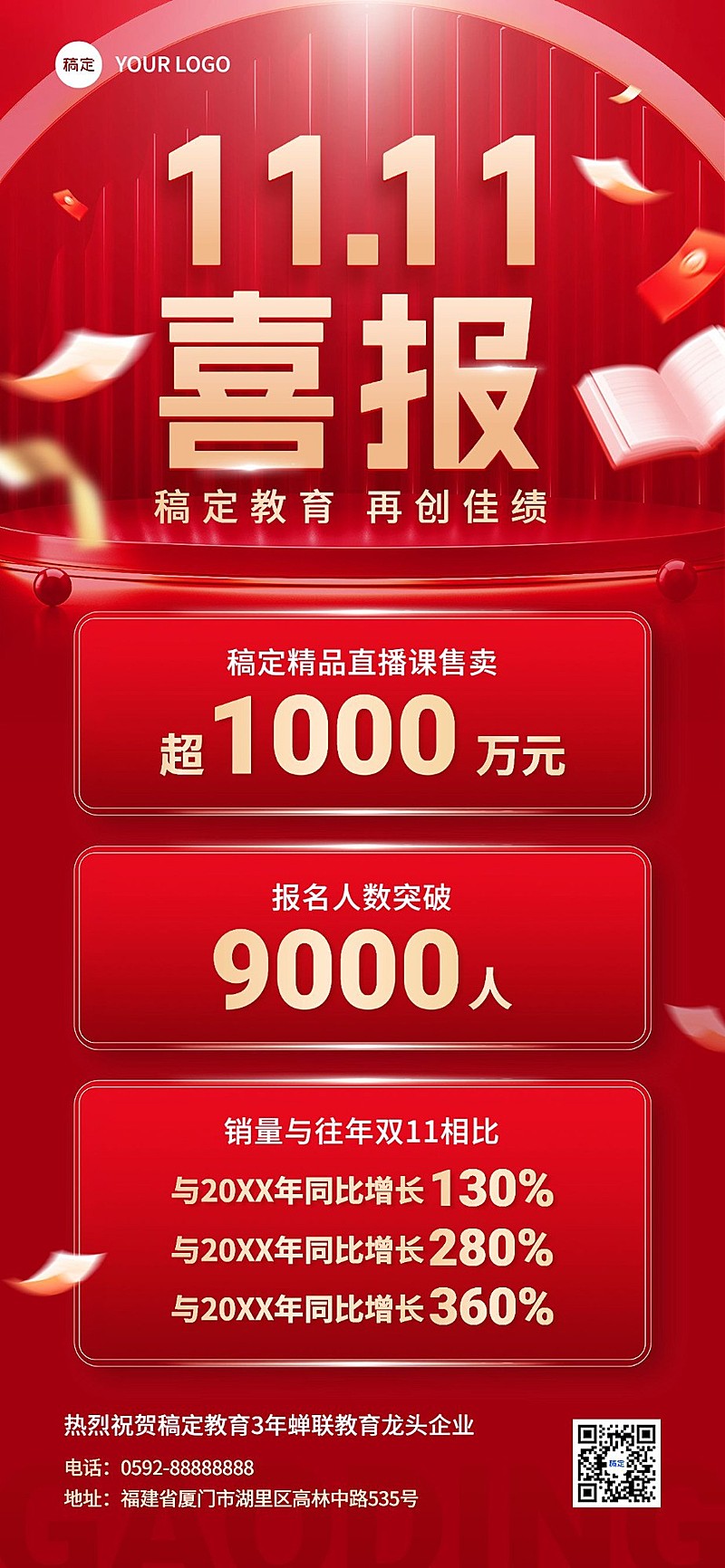 双十一教育培训机构业绩喜报红金风格全屏竖版海报