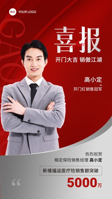 金融保险开门红销售业绩表彰人物喜报喜庆商务手机海报预览效果