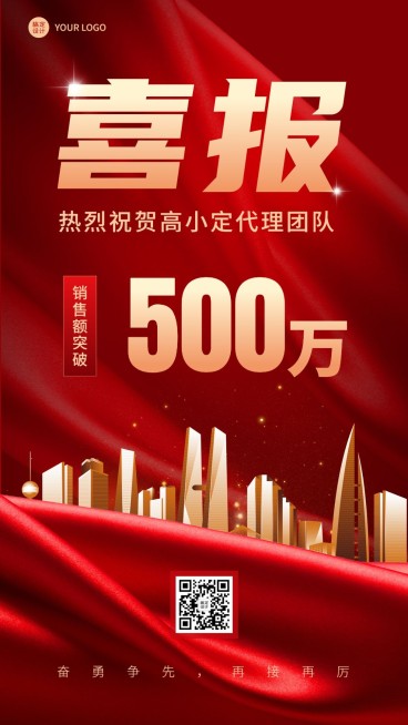 微商销售代理团队业绩表彰喜报红金风手机海报预览效果