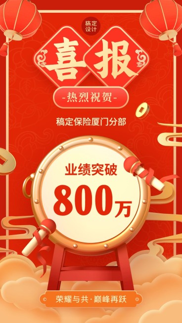 金融保险表彰销售业绩喜报国潮风手机海报预览效果