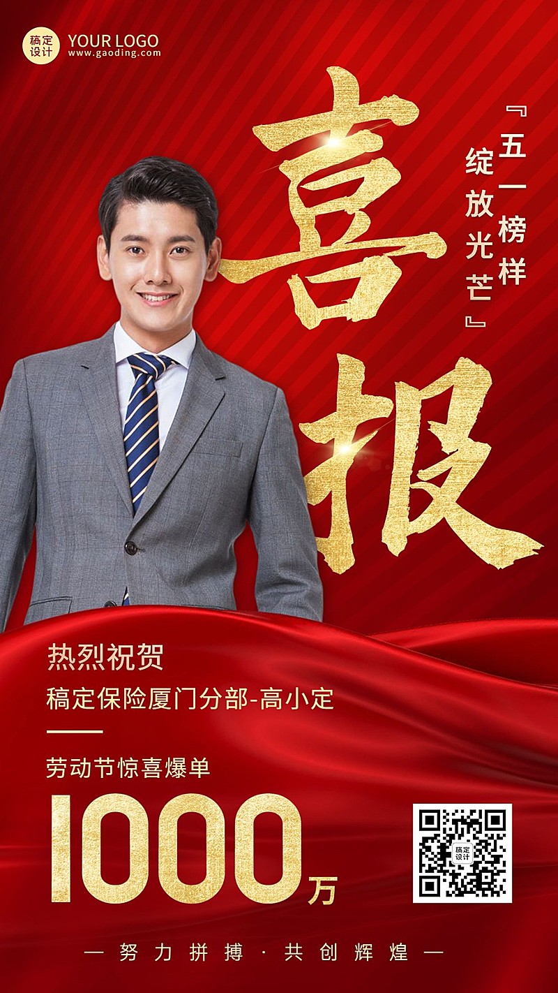 五一劳动节金融保险销售业绩表彰喜报人物手机海报