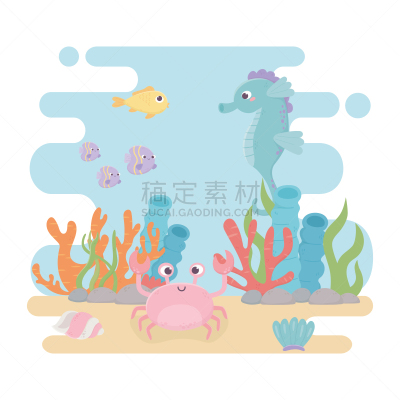 鱼类,卡通,生活方式,海马,海洋,礁石,螃蟹,藻类,在下面