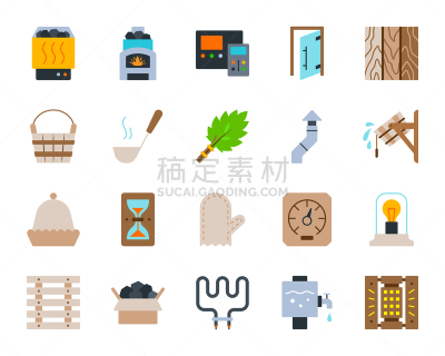 彩色图片,桑拿浴,设备用品,简单,平坦的,符号,白色,概念,布置,收集