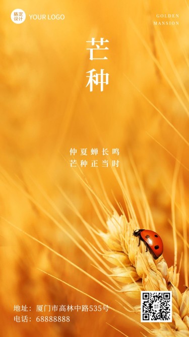 芒种节气稻穗昆虫实景手机海报