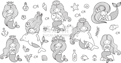 巨大的,美人鱼,彩色书,纺织品,公主,海豚,女人,海星,布置,坐