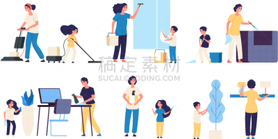 父母,母亲,儿女,父亲,儿童,干净,住宅房间,插画,家庭,清洗