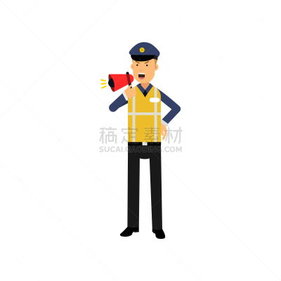 卡通,制服,扩音器,安全的,男人,交通,图像,保护工作服,站