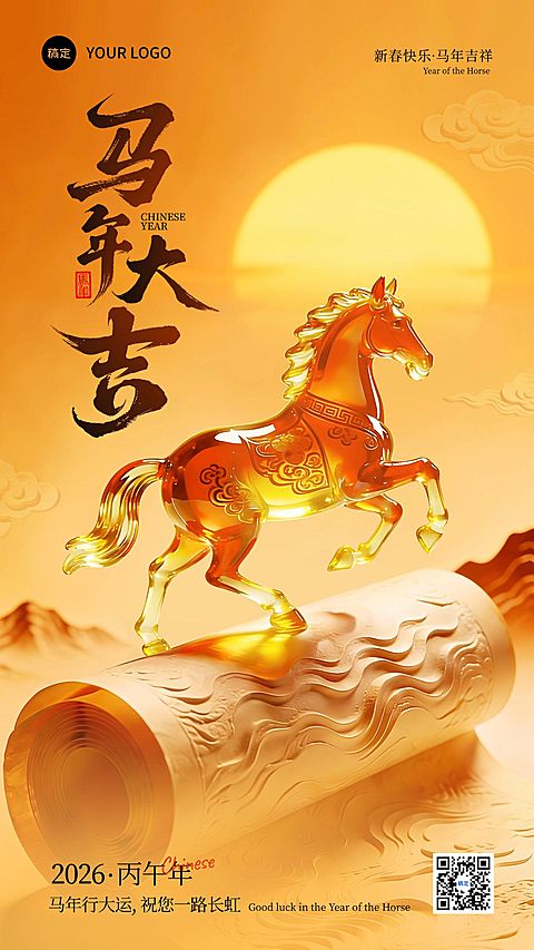 春节马年节日祝福喜庆感3d通用竖版海报