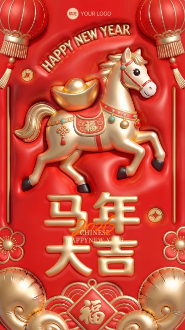 马年春节节日祝福3d膨胀喜庆感通用竖版海报预览效果