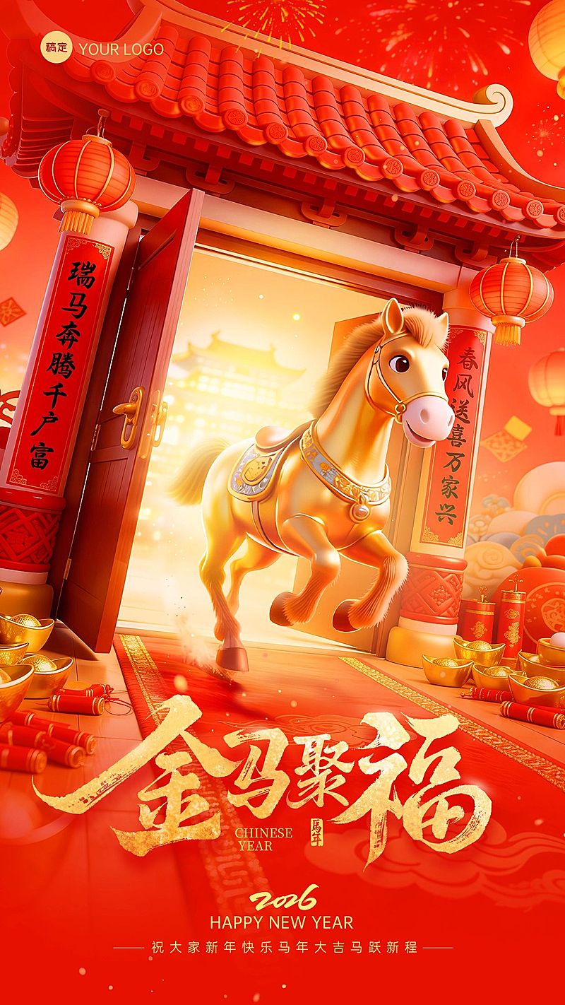 马年喜庆感营销祝福竖版海报