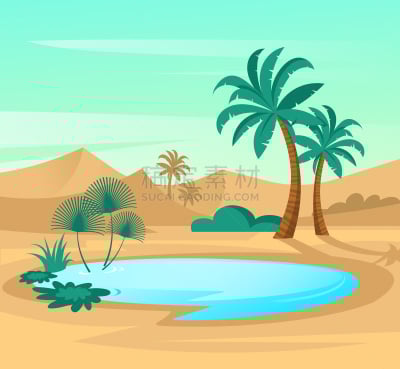 沙漠,沙漠绿洲,仙人掌,埃及,湖,植物,夏天,剪贴画,天空,绘画插图