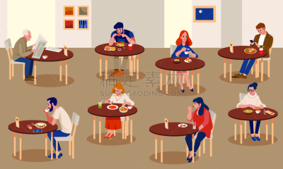 食品,女人,餐馆,绘画插图,卡通,人,男人,平坦的,桌子,矢量
