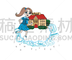 女孩,贺卡,巴士,可爱的,显微镜,计算机,字母,铅笔,云,教育