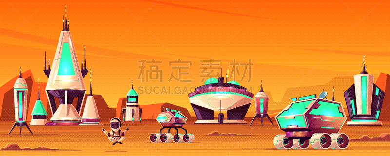 概念,大群动物,矢量,卡通,未来,火星,空间站,太空船,波兰,技术