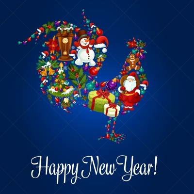 公鸡,新年前夕,分离着色,布谷鸟钟,图像,雪人,问候,庆祝