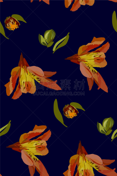 仅一朵花,四方连续纹样,百合花,可爱的,纺织品,植物群,小的,Lily Flower,花,复古