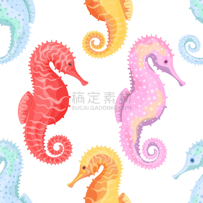 四方连续纹样,海马,水彩画颜料,背景分离,野生动物,动物,背景,珊瑚,夏天,绘画插图