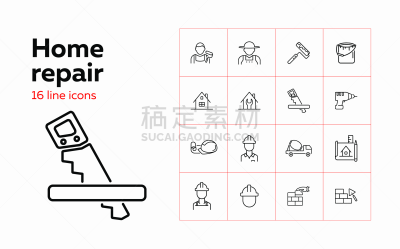 图标集,装饰工,建筑承包商,手工具,住房,线条,暴力,大桶,蓝图,简单