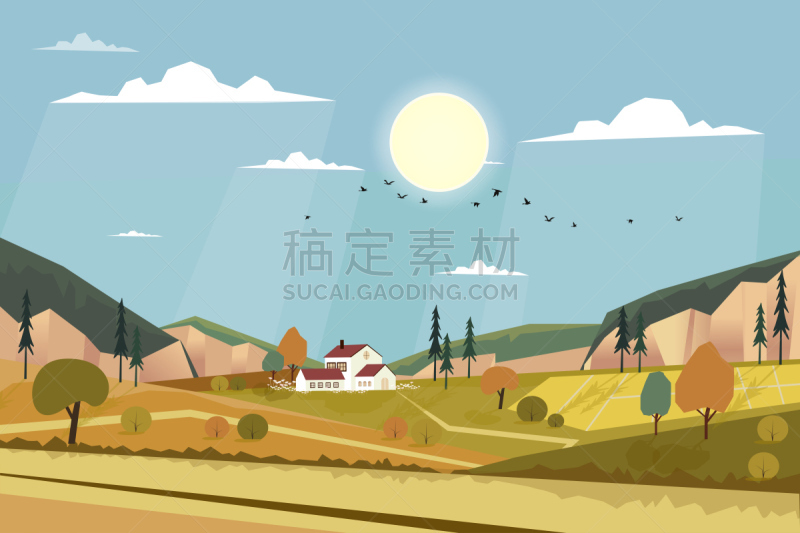 自然,农舍,春天,草地,山,日光,白昼,绿色,矢量