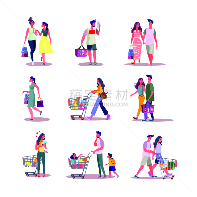购物中心,人,商务,背景分离,现代,女人,顾客,绘画插图,卡通,购物车
