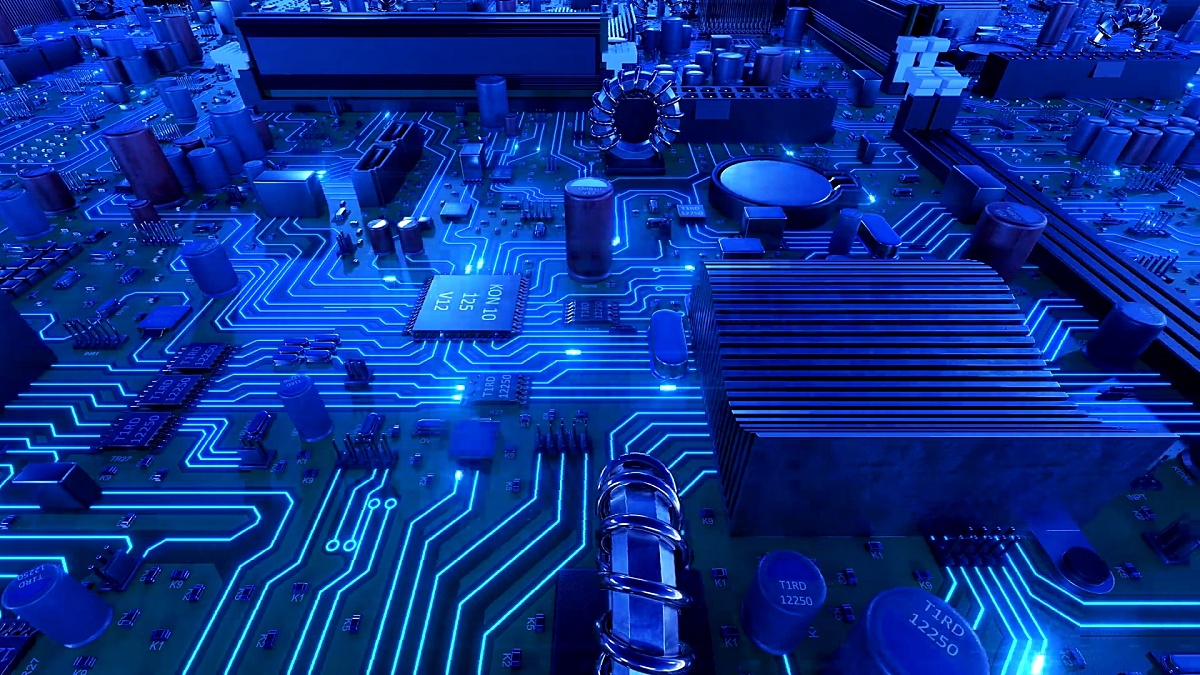 通过CPU和蓝色信号飞越主板。带有处理器和光斑的电路板的环路3D动画。技术与数字概念。