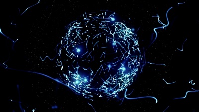空间中有发光粒子的蓝色球体。抽象的背景。循环视频。天衣无缝。美丽的背景与粒子。黑色背景上带有粒子的孤立球体