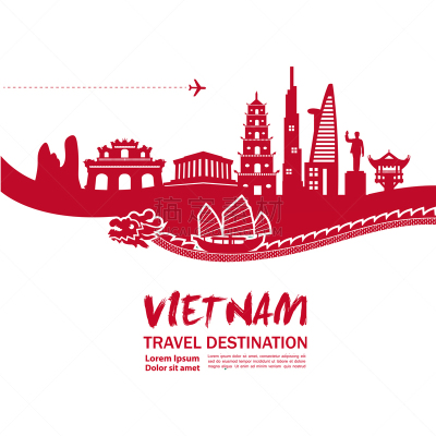 矢量,越南,绘画插图,宏伟,旅游目的地,复古风格,著名景点,背景,剪影