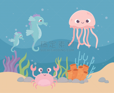 jellyfish seahorses crab life coral reef cartoon