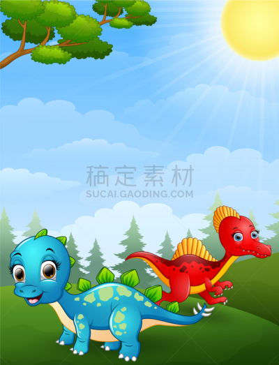 动画片,恐龙,热带雨林,可爱的,热带气候,野生动物,侏罗纪,草,动物,站