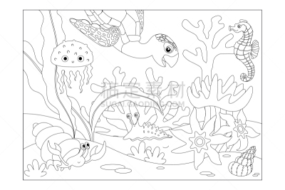 海龟,贝壳,鼻涕虫,水母,海马,矢量,螃蟹,童年,绘画艺术品,着色