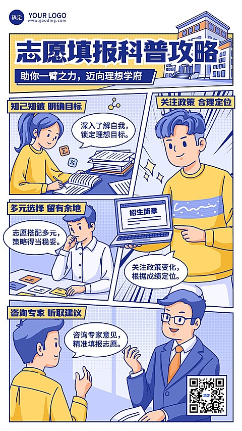 高考志愿填报攻略指南描边插画漫画宫格手机海报