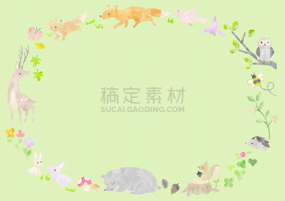 动物主题,森林,边框,可爱的,线条,枝繁叶茂,动物群,色彩鲜艳,动物,柔和色