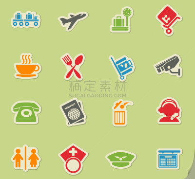 图标集,机场,旅行的人,机票,行李,杯,手提箱,等候室,交通方式