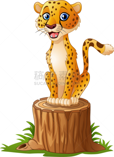 猎豹,树桩,卡通,可爱的,摆拍,木材,哺乳纲,动物,美洲豹,坐