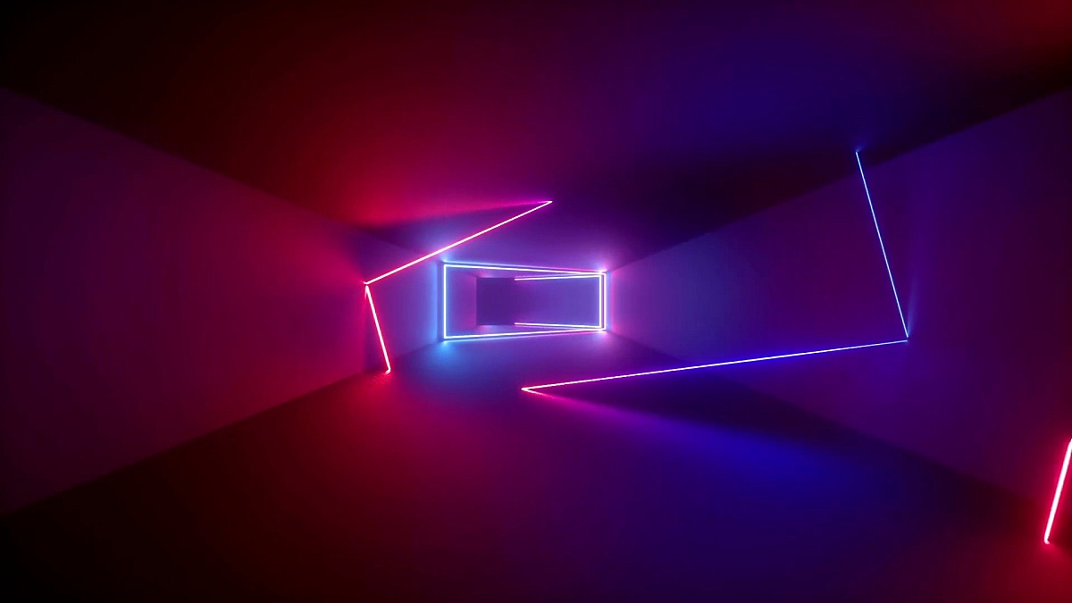 3D渲染，抽象几何背景，荧光紫外光，隧道内旋转的发光霓虹线，蓝红粉紫光谱，矩形帧，循环动画